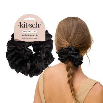 Kitsch Ruffle Satin Scrunchie black model front view