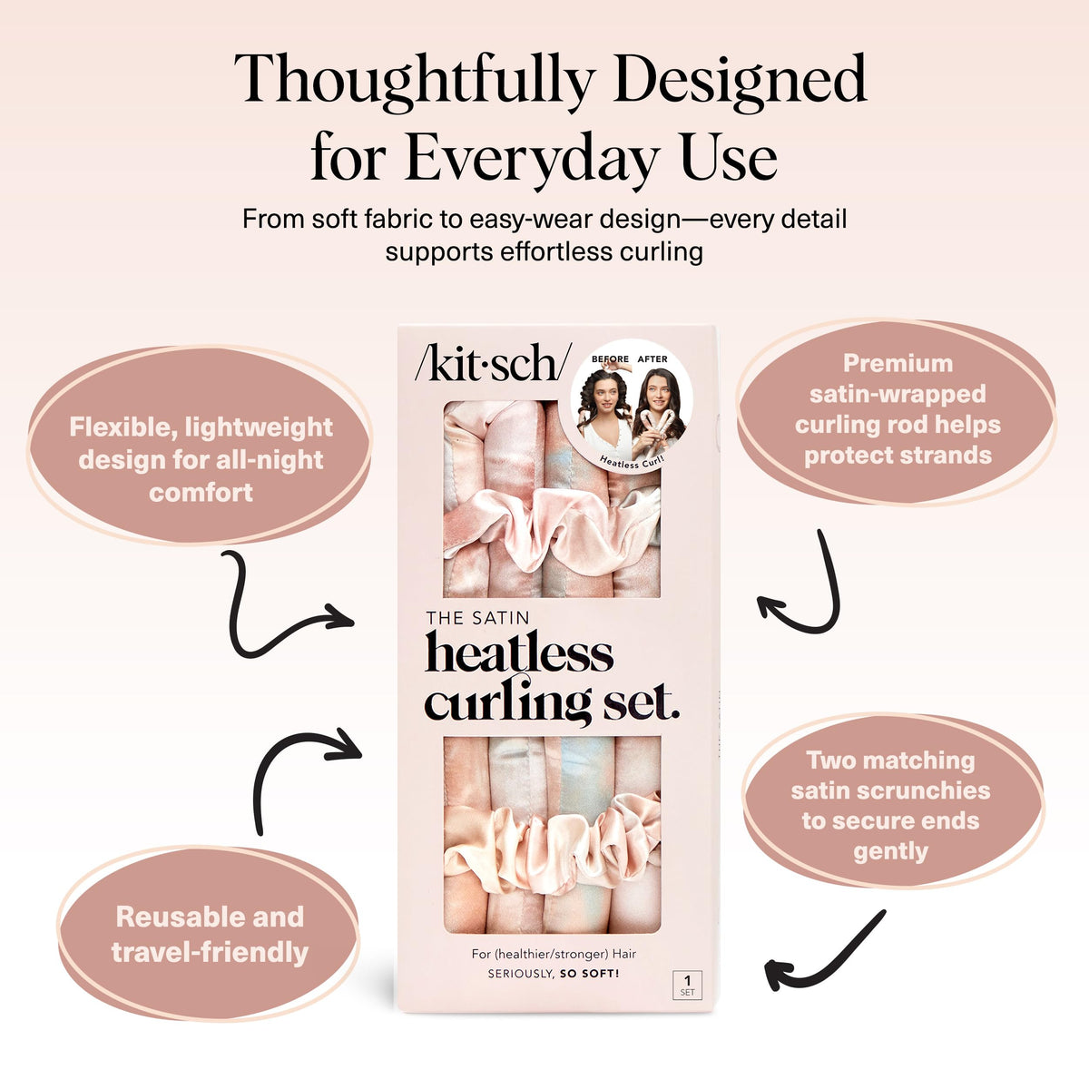 Kitsch Satin Heatless Curls Overnight Set displayed with a sleep bonnet