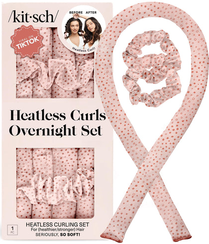 Kitsch Satin Heatless Curls Overnight Set front view with micro dot design