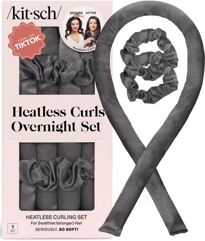 Kitsch Satin Heatless Curls Overnight Set in charcoal with curling rod and scrunchies