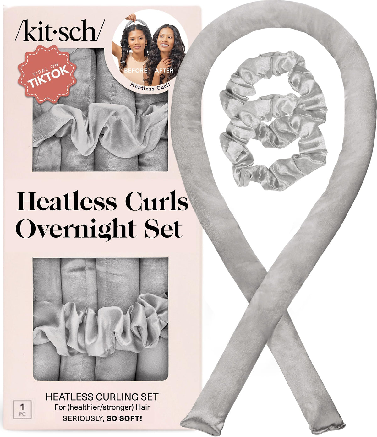 Kitsch Satin Heatless Curls Overnight Set in Silver front view