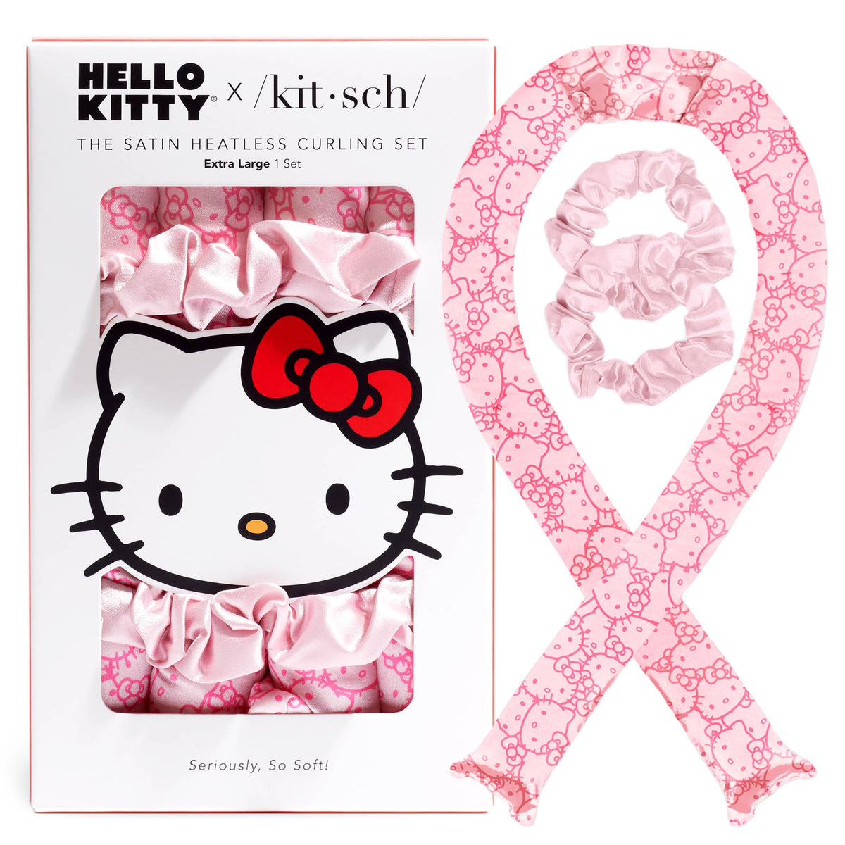 Kitsch Satin Heatless Hair Curler Set front view with pink kitty faces
