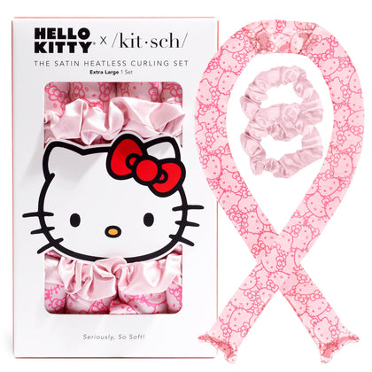 Kitsch Satin Heatless Hair Curler Set front view with pink kitty faces