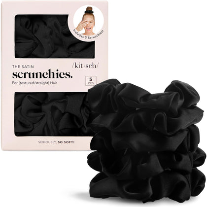 Kitsch Satin Scrunchies black set of five front view