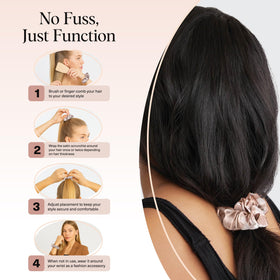 Kitsch satin scrunchies displayed with hair styling tools