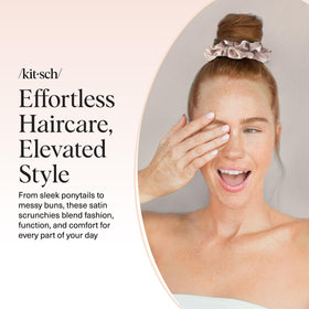 Kitsch satin scrunchies in use for a ponytail hairstyle