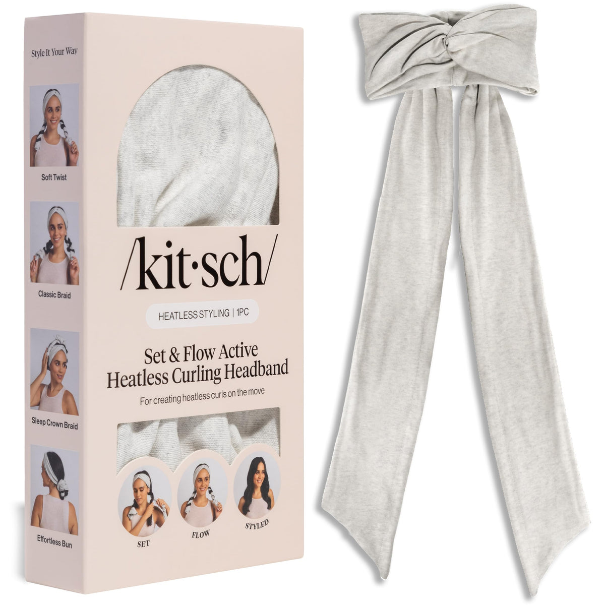 Kitsch Set & Flow Active Heatless Curling Headband front view in gray