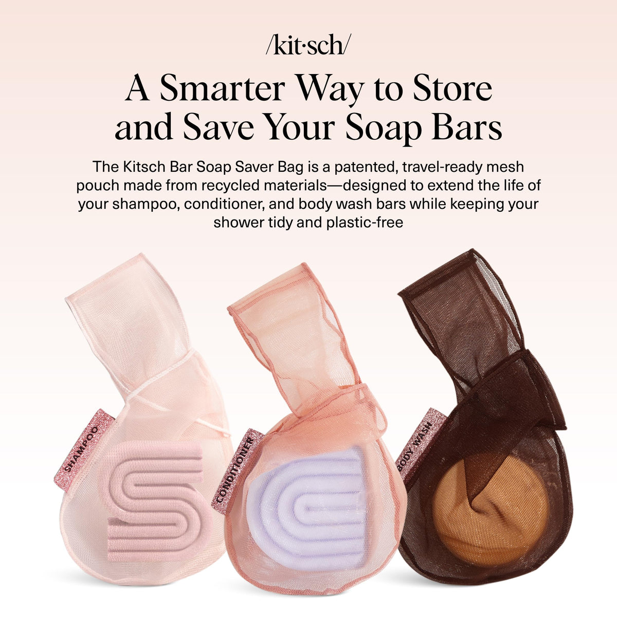 Kitsch Soap Saver Bag showing labelled pouches for body wash and shampoo