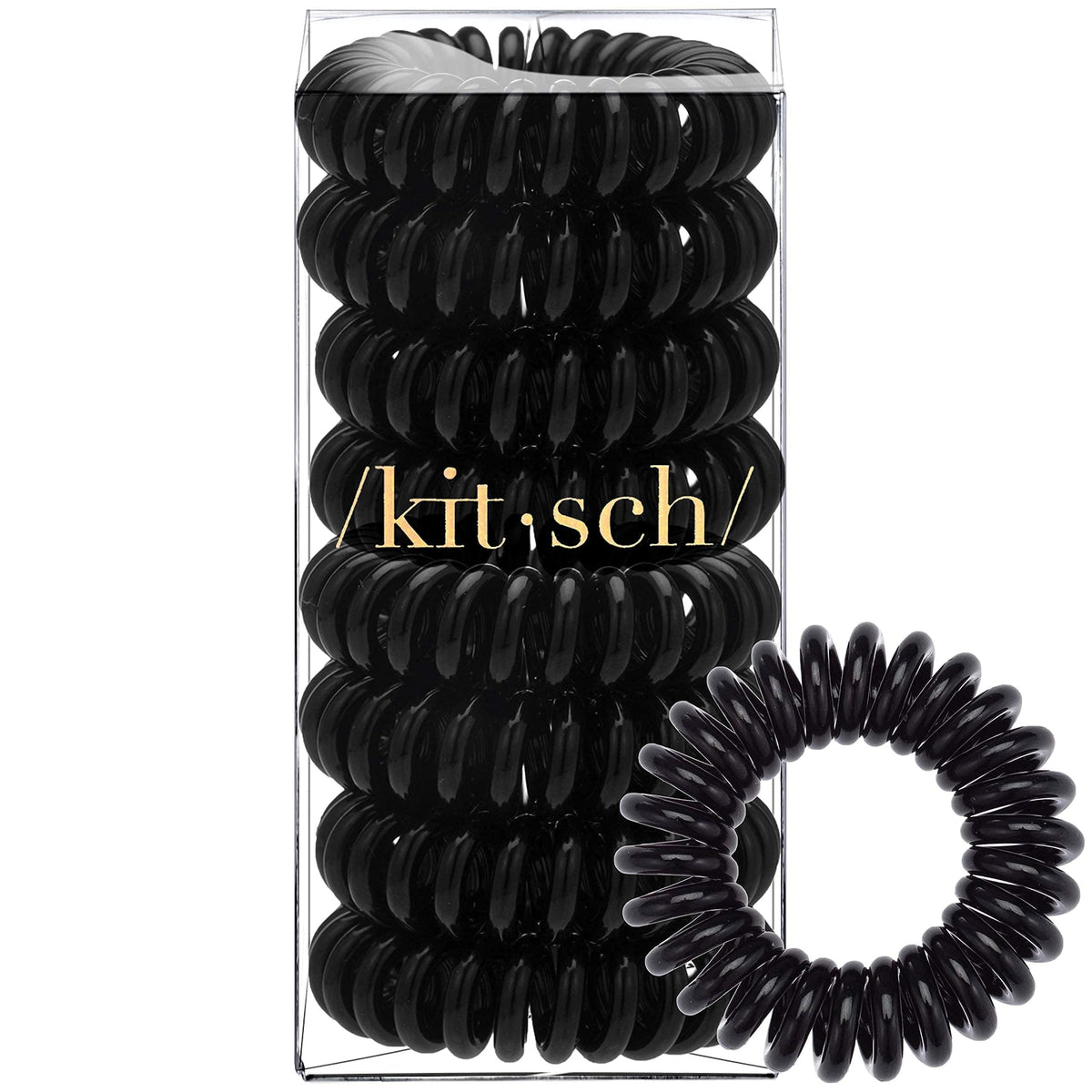 Kitsch Spiral Hair Ties with a background of hair care products