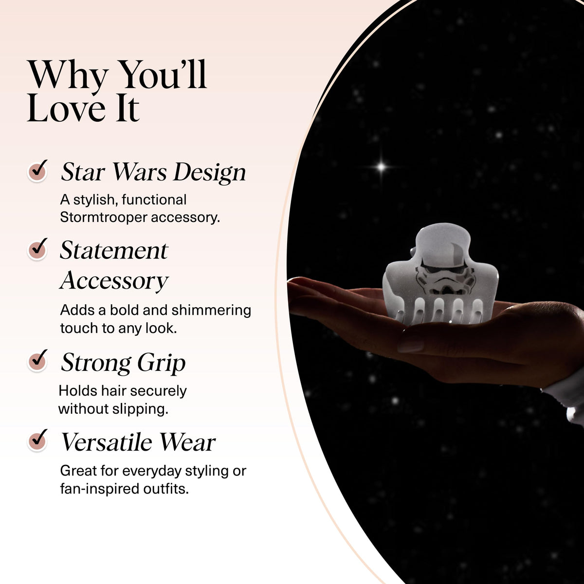 Kitsch Stormtrooper Medium Hair Clip in a styled hairdo
