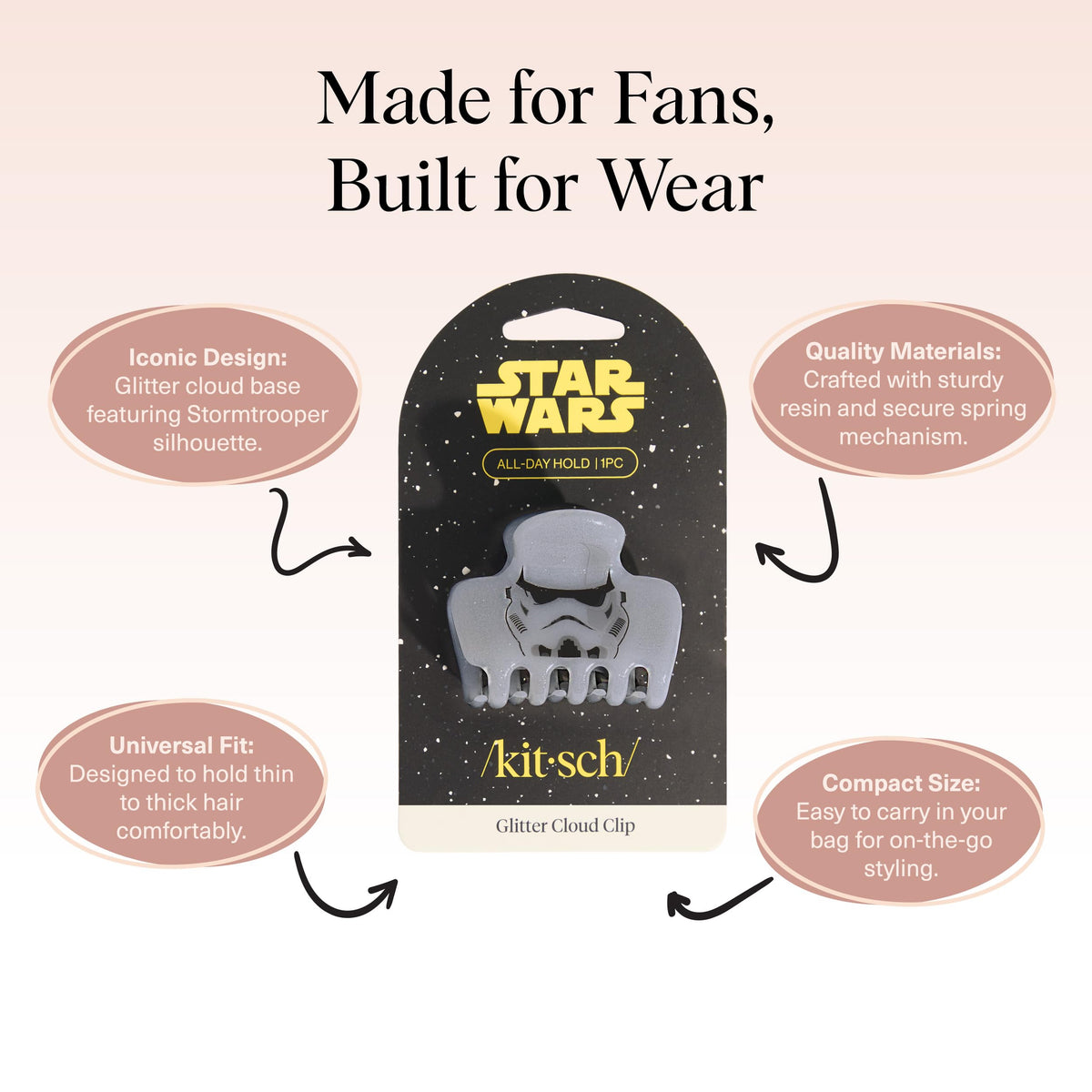 Kitsch Stormtrooper Medium Hair Clip on a table with Star Wars theme