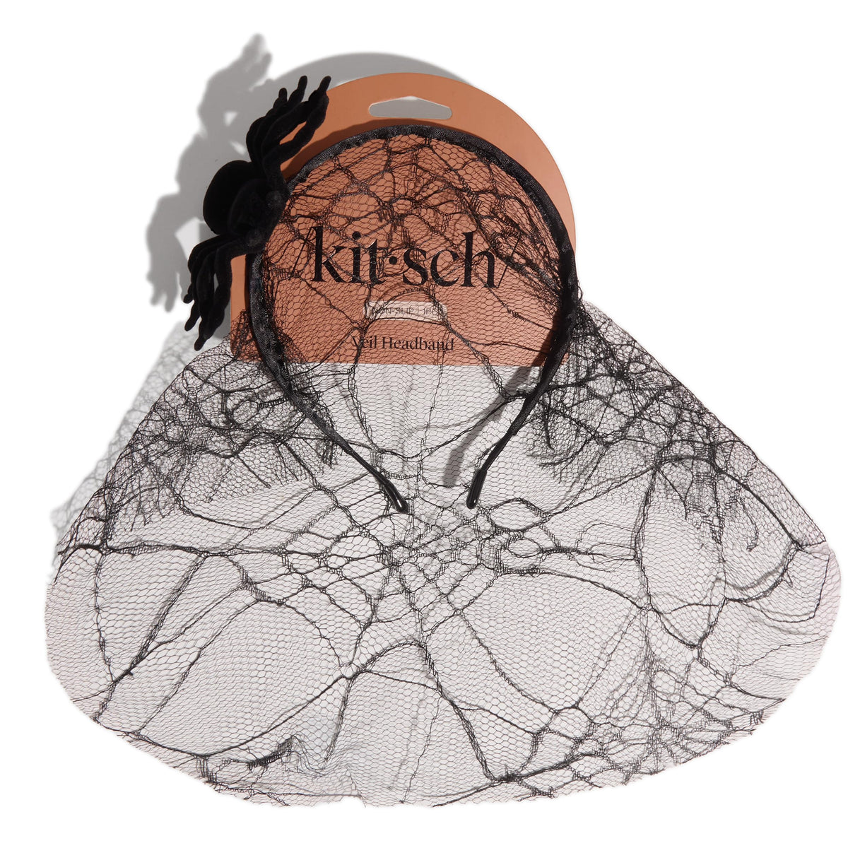Kitsch Veil Headband black model front view with spiderweb veil