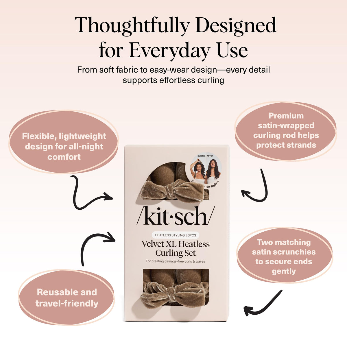 Kitsch Velvet Heatless Curling Rod in use on long hair