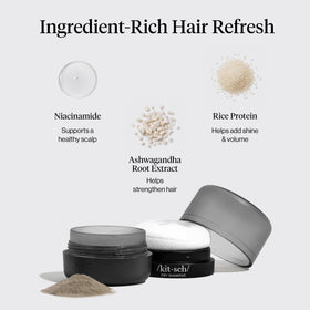 Kitsch Volumizing Dry Shampoo Powder Puff in use on dark hair