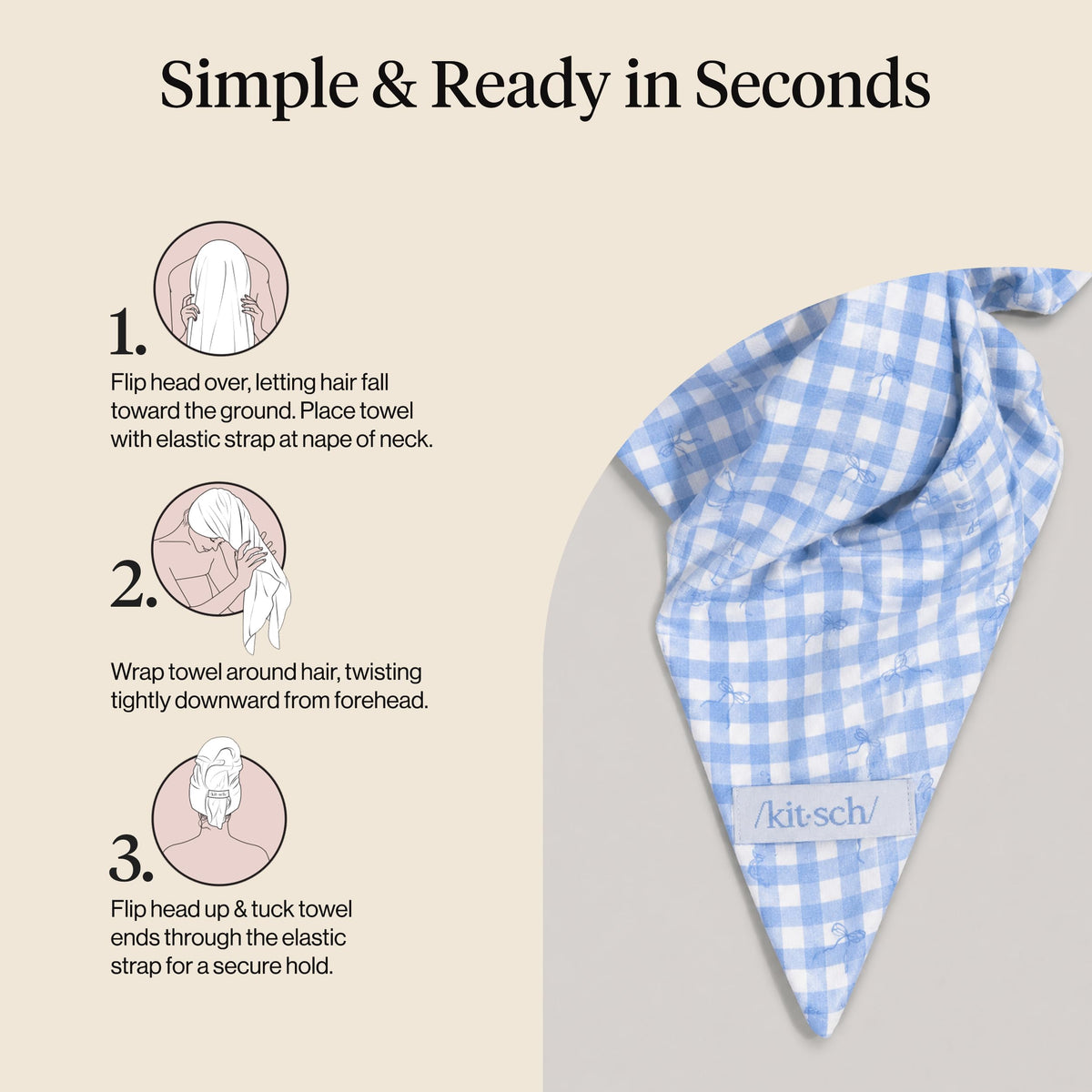 Kitsch XL Microfiber Hair Towel Wrap Gingham Blue hanging in a bathroom