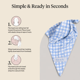 Kitsch XL Microfiber Hair Towel Wrap Gingham Blue hanging in a bathroom