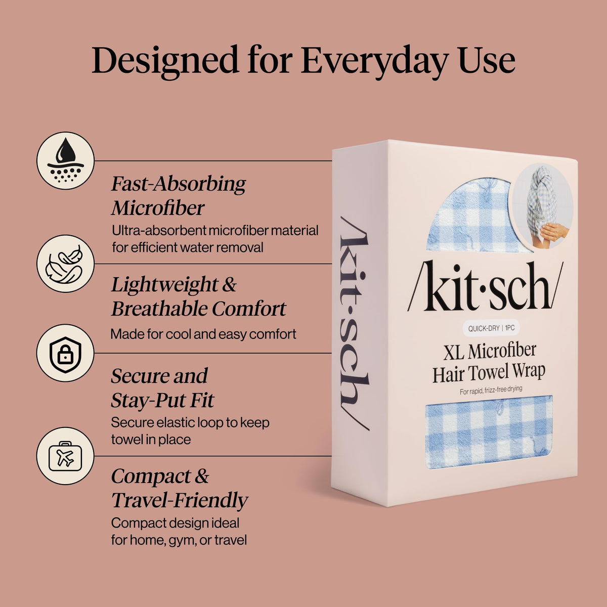 Kitsch XL Microfiber Hair Towel Wrap Gingham Blue in use on long hair