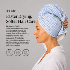 Kitsch XL Microfiber Hair Towel Wrap Gingham Blue on a bathroom counter
