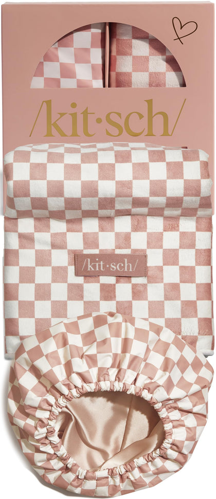 Kitsch XL Microfiber Hair Towel Wrap in blush checker pattern front view