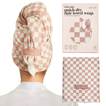 Kitsch XL Microfiber Hair Towel Wrap in terracotta checkered pattern