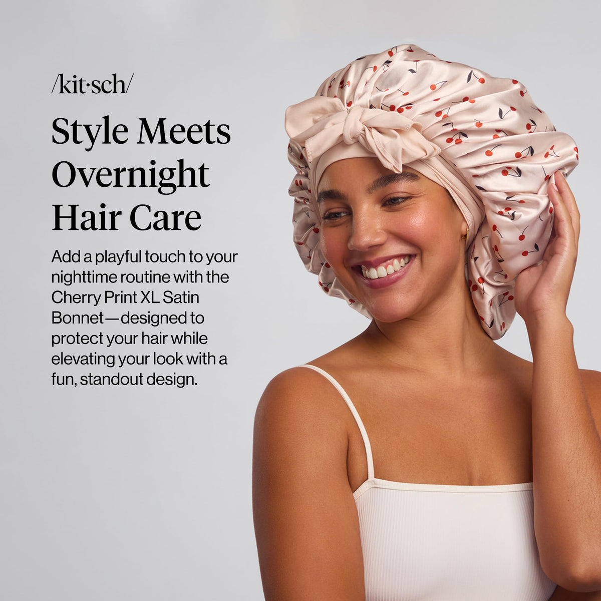 Kitsch XL Satin Bonnet Cherry Print side view