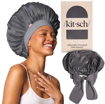Kitsch XL Satin Bonnet for Sleeping in Charcoal front view