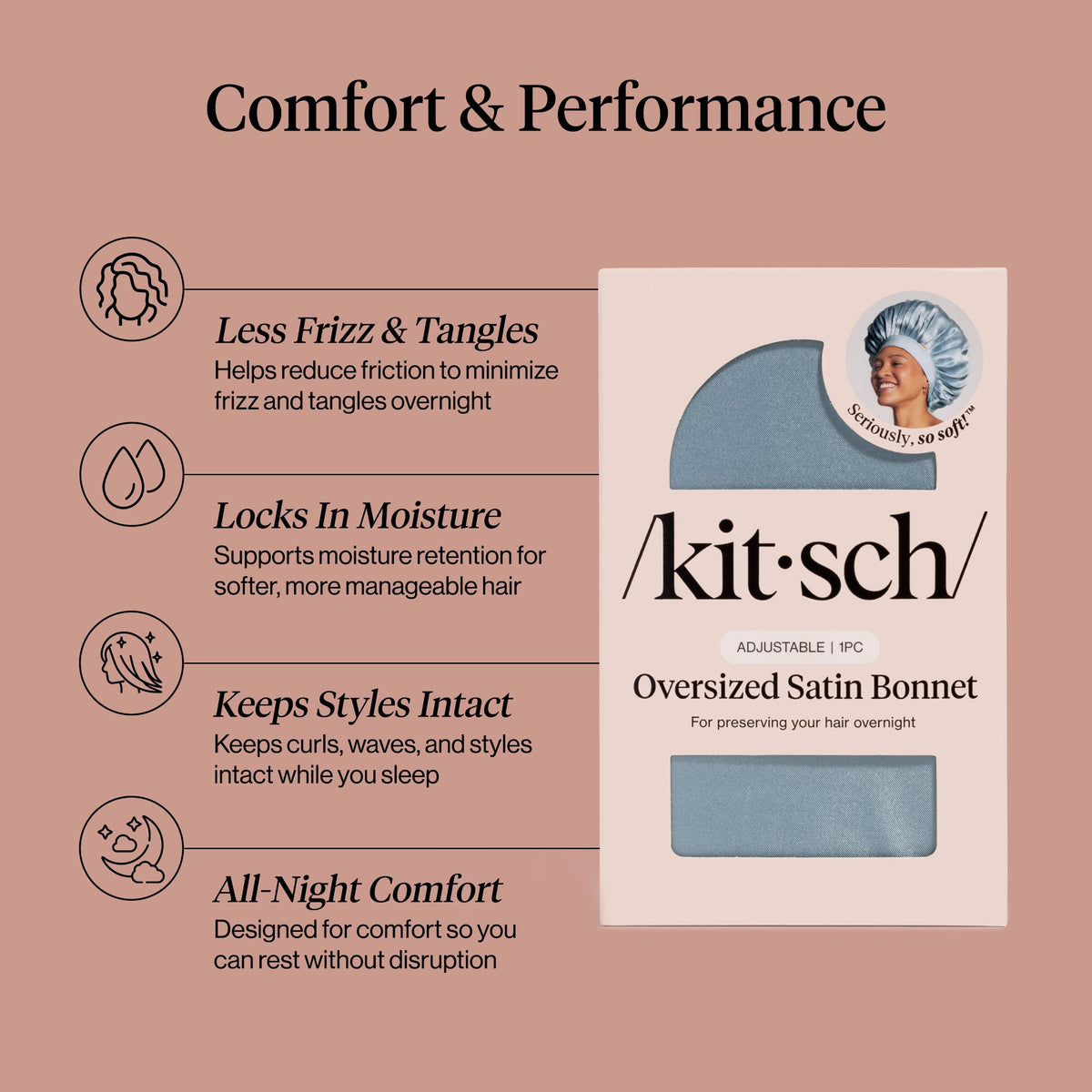 Kitsch XL Satin Bonnet in Haze Blue on a model