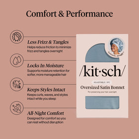 Kitsch XL Satin Bonnet in Haze Blue on a model