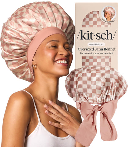 Kitsch XL Satin Bonnet in Terracotta Checker front view