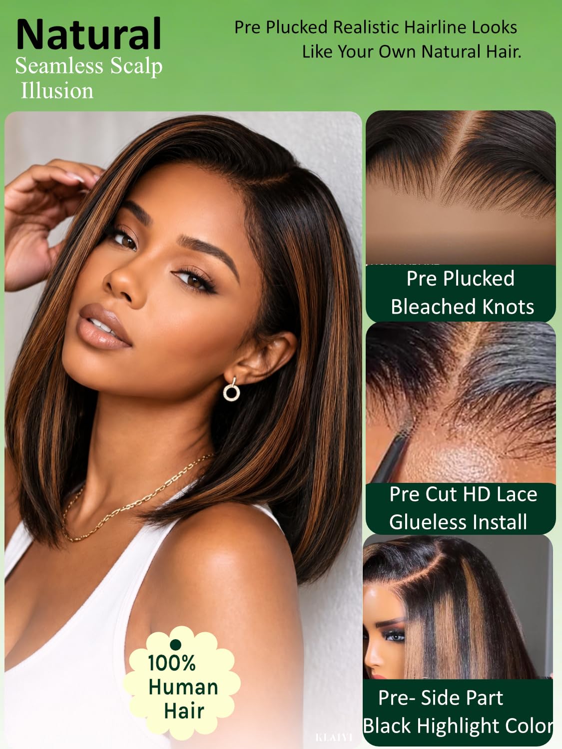 KLAIYI Golden Brown Highlight Bob Wig back view