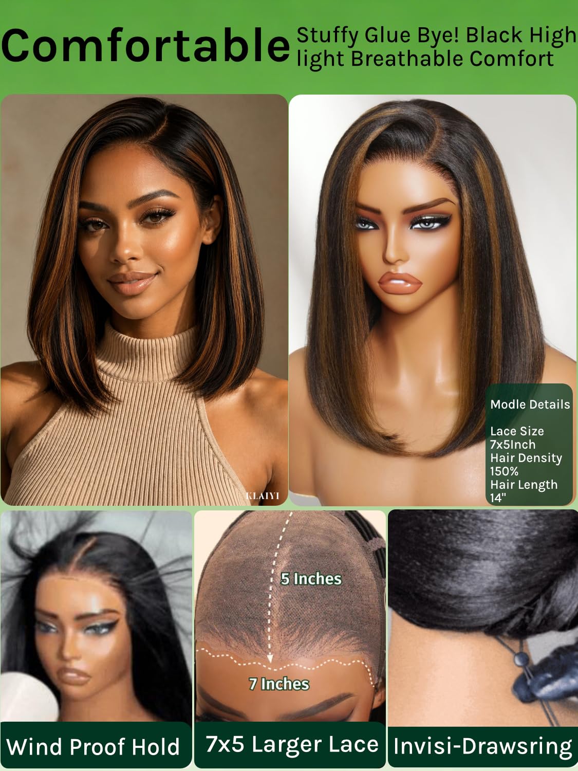 KLAIYI Golden Brown Highlight Bob Wig close-up of lace front