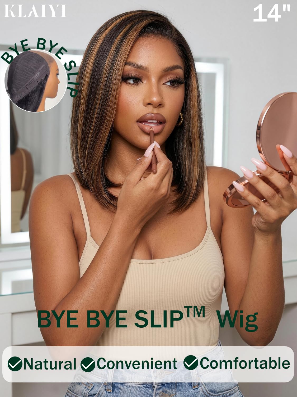 KLAIYI Golden Brown Highlight Bob Wig side view