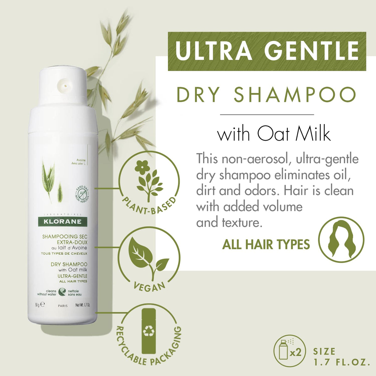 Klorane Dry Shampoo bottle with Oat Milk ingredients