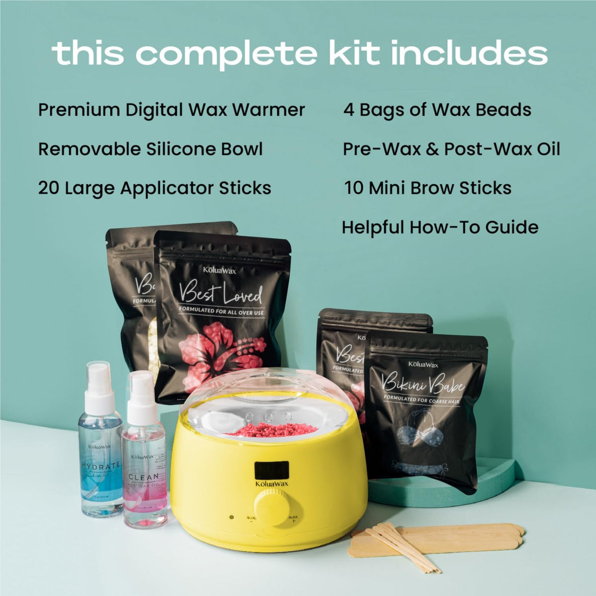 KoluaWax Waxing Kit applicator sticks and oils