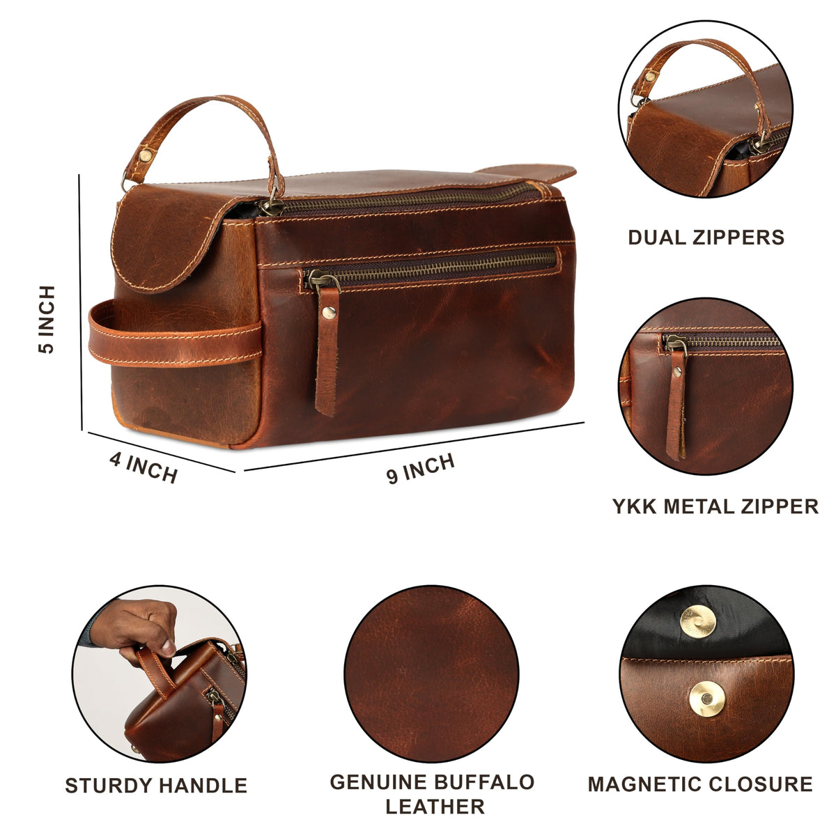 KomalC Buffalo Leather Toiletry Bag lifestyle shot in travel setting
