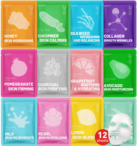 KONEUK 12 Pack Collagen Hydrating Face Masks assorted types front view