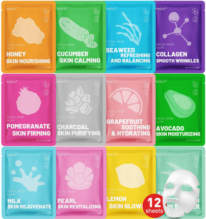 KONEUK 12 Pack Collagen Hydrating Face Masks assorted types front view