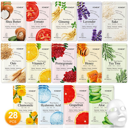 KONEUK 28 Pack Sheet Face Masks Gift Set front view with assorted mask designs