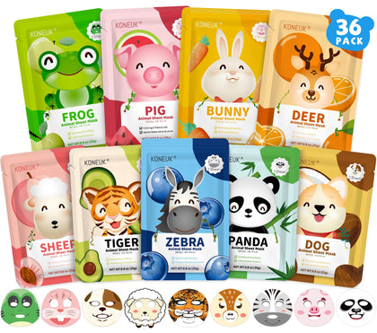 KONEUK 36 Pack Cute Animal Kids Face Masks assorted designs front view