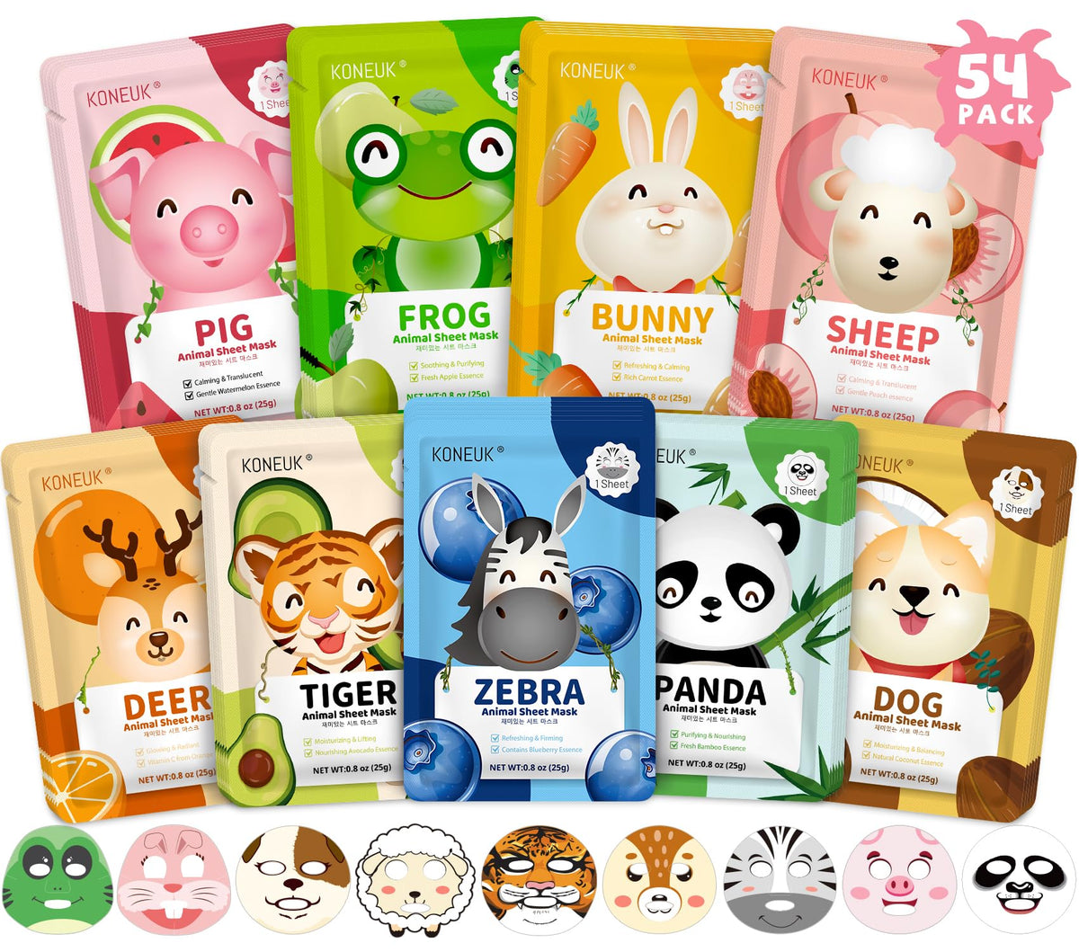 KONEUK 54 Pack Animal Face Mask Set featuring tiger and bunny designs
