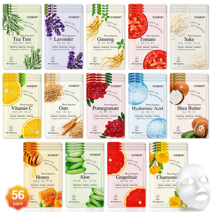 KONEUK 56 Pack Sheet Face Masks beautifully packaged with assorted colours