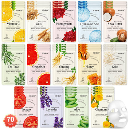 KONEUK 70 Pack Sheet Face Masks gift set front view