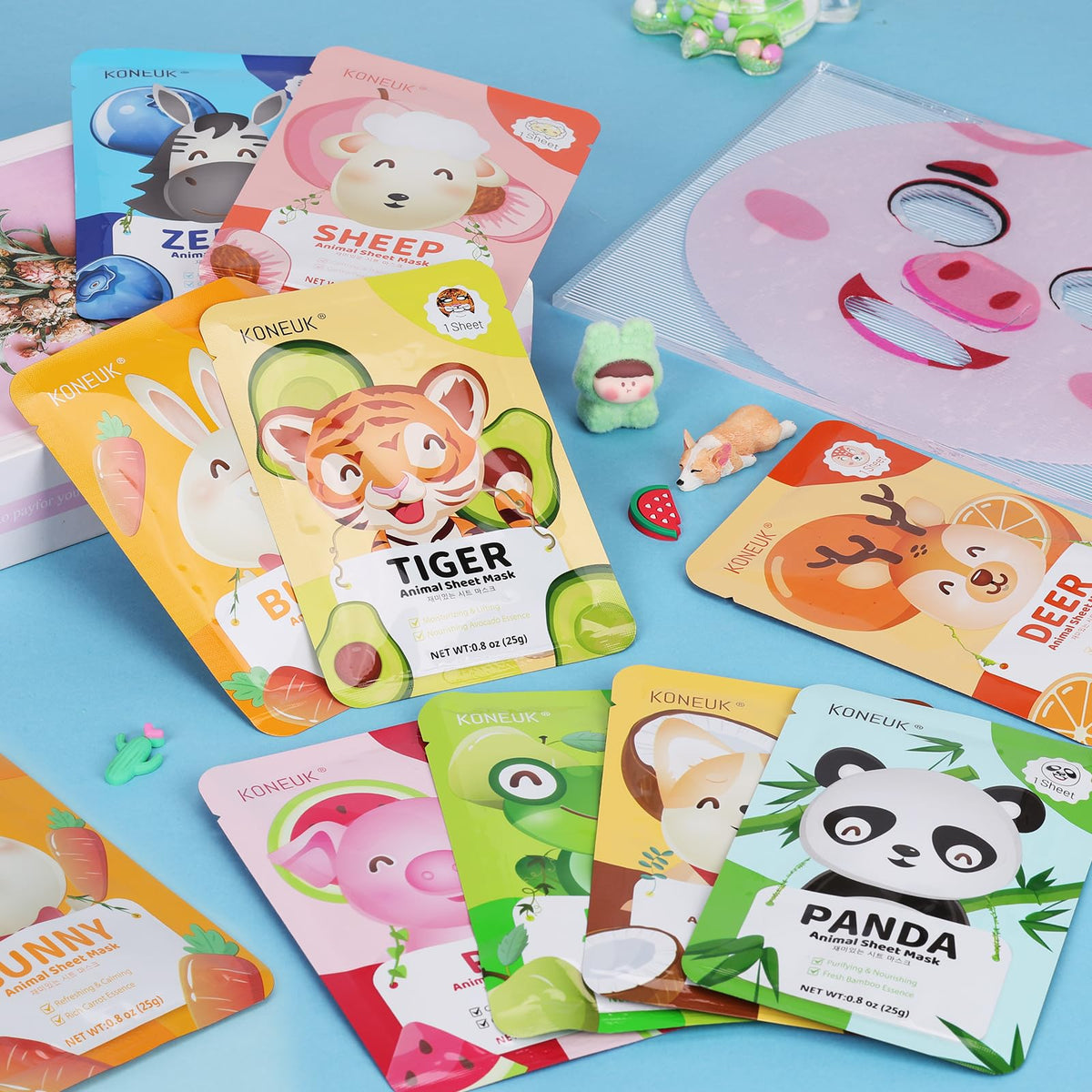 KONEUK animal face mask set with various characters laid out