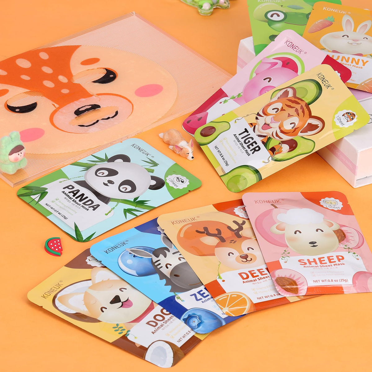 KONEUK face masks with various animal characters laid out