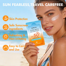 KONEUK Mini Sunscreen Pack 100 packets on a travel bag