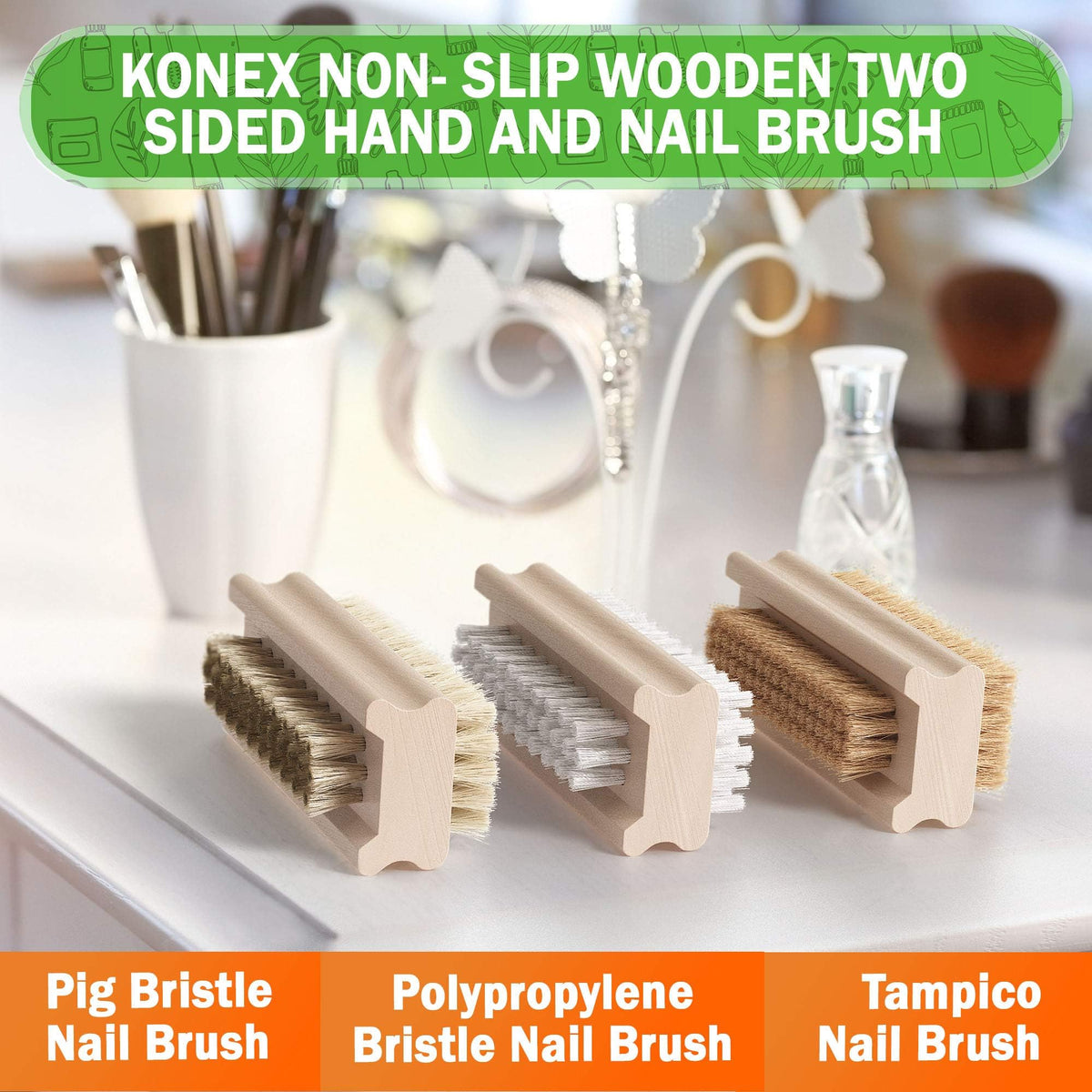 KONEX Non-Slip Wooden Nail Brush next to other nail care tools