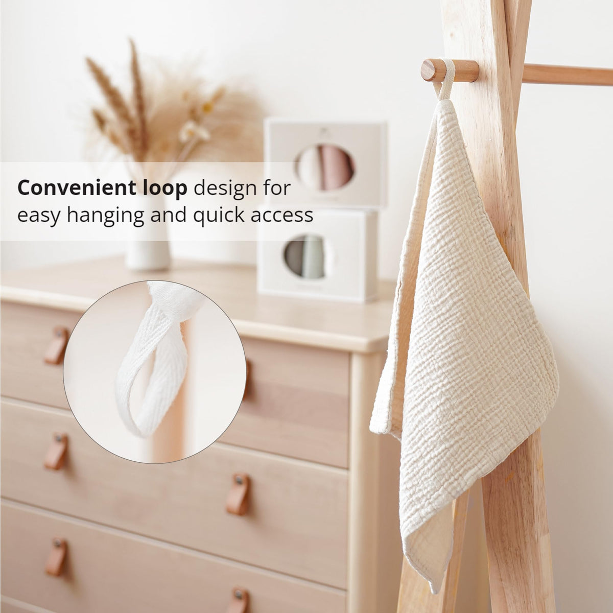 Konssy face cloths hanging on a towel rack