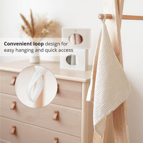 Konssy face cloths hanging on a towel rack