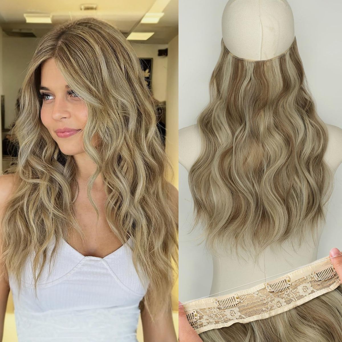 KooKaStyle Blonde Shades Invisible Wire Hair Extensions front view