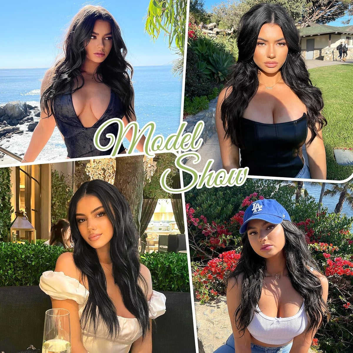KooKaStyle Wavy Invisible Wire Clip In Hair Extensions Black close-up